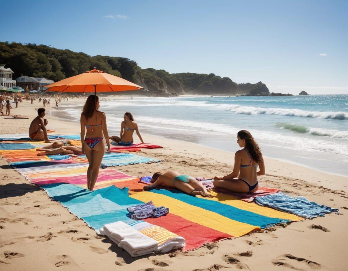 A serene beach setting with a diverse group of people, including a lifeguard checking credentials, while a swimwear designer inspects fabric samples closely. In the background, a sign emphasizes 'Integrity and Trust' in bold letters. Soft waves and sunshine create a warm atmosphere. Super-realistic. Vibrant colors. 3D effect.