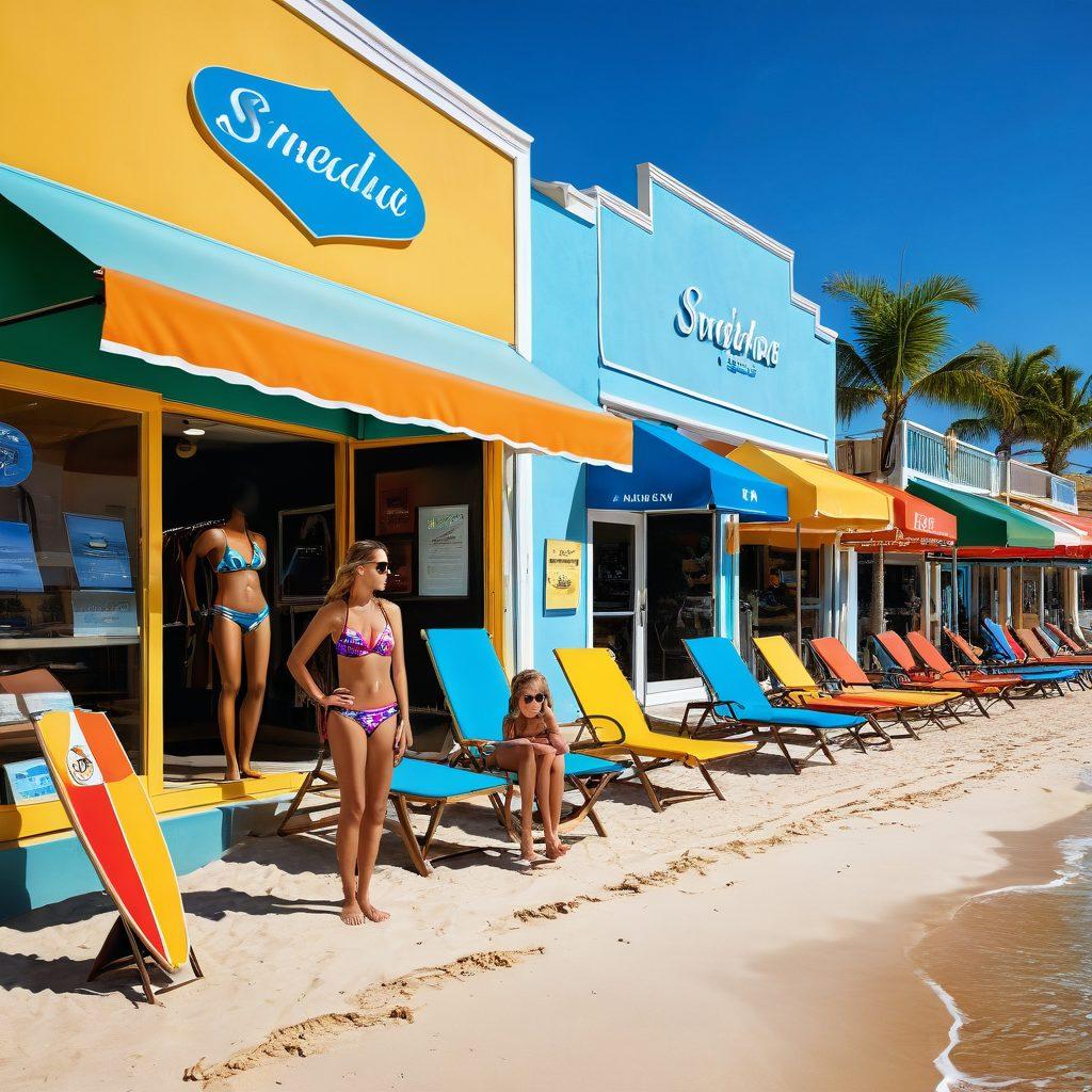 A vibrant beach scene with a stylish swimwear shop in the background, showcasing diverse models in colorful bikinis, all looking confident and happy. Incorporate visual elements representing safety, like checkmarks and shields subtly blended into the sand and water. Highlight the theme of compliance by including paperwork and guidelines thoughtfully laid out near the shop. Emphasize a cheerful atmosphere with sunny weather and playful waves. super-realistic. vibrant colors. 3D.